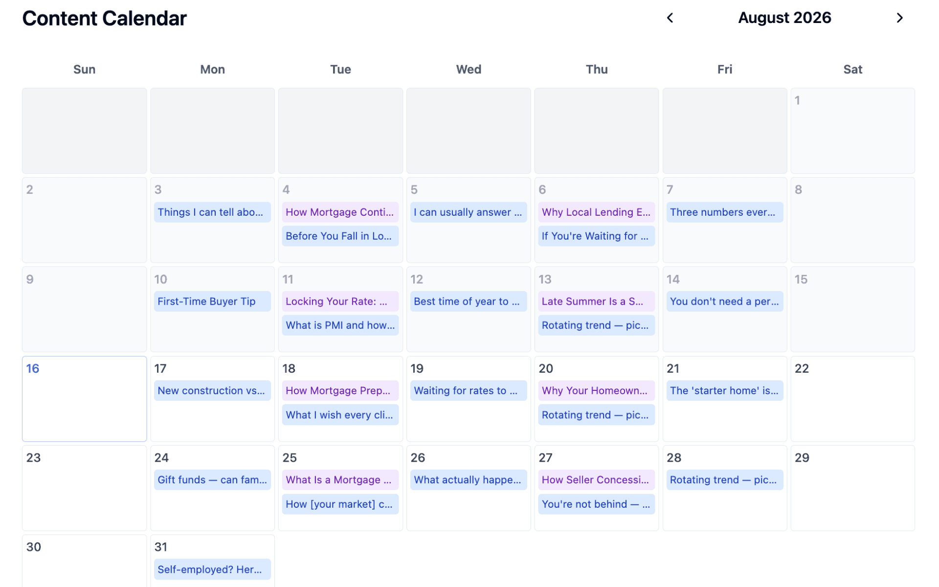 The Own It Social client portal: content calendar view